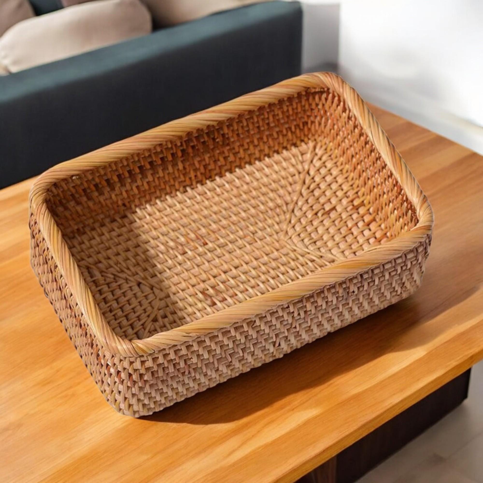 Handmade Rattan Storage Basket | Rectangular Woven Tray | Natural Organizer For Bathroom, Makeup, Clothes, Or Living Room Decor.