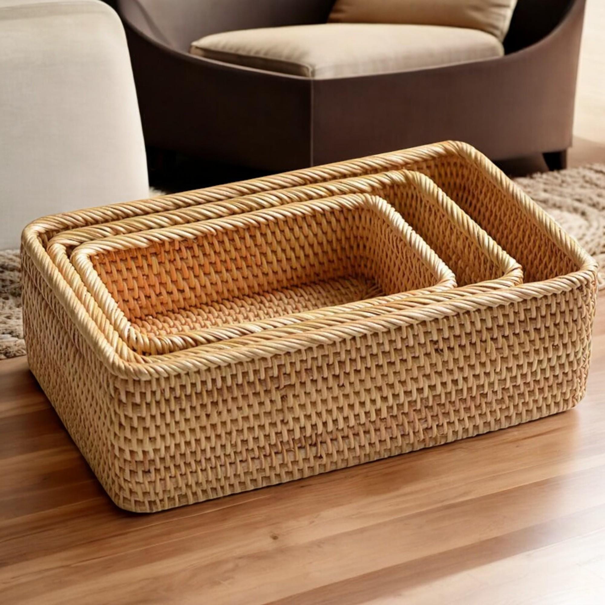 Handmade Rattan Storage Basket | Rectangular Woven Tray | Natural Organizer For Bathroom, Makeup, Clothes, Or Living Room Decor.